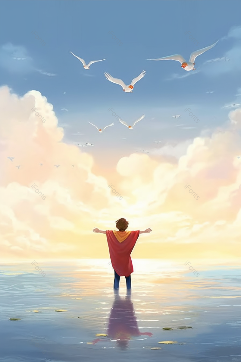 一个孩子打开双手拥抱阳光看向大海手绘,插画/手绘图,插画/手绘图库,插画/手绘图下载,插画/手绘